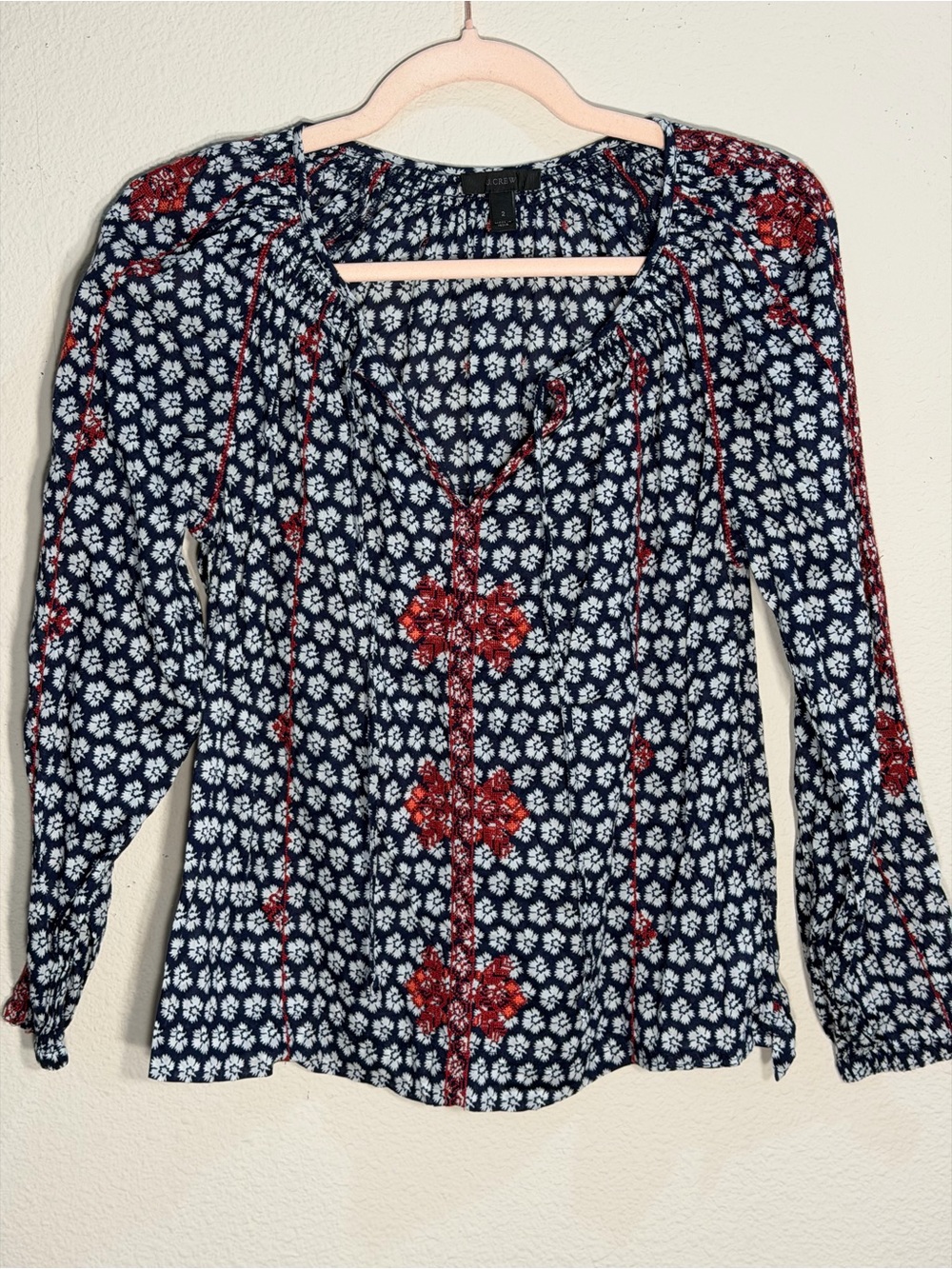 J Crew Navy & Red Floral Peasant Blouse